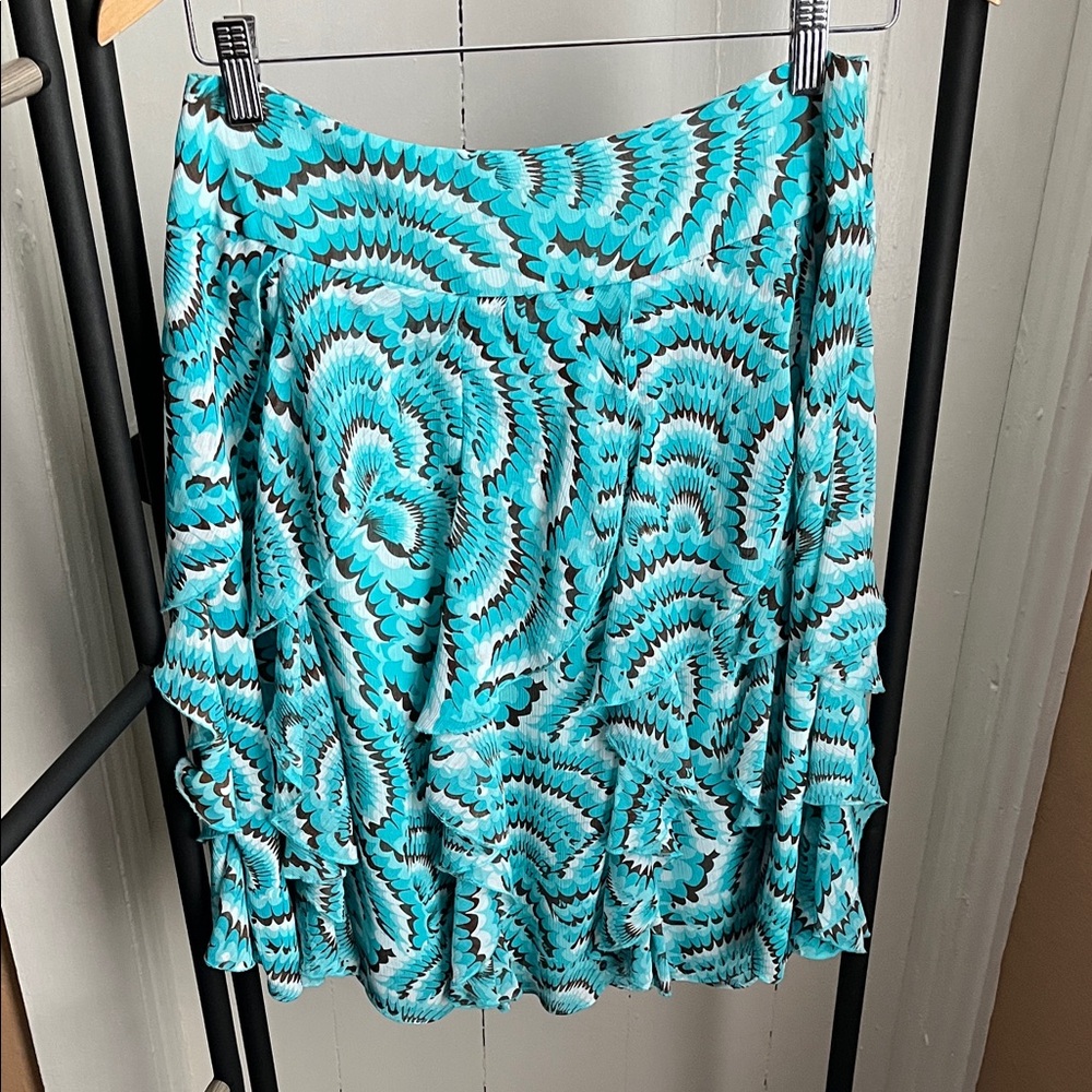Sunny Leigh Turquoise and Brown Patterned Ruffled Dressy Skirt